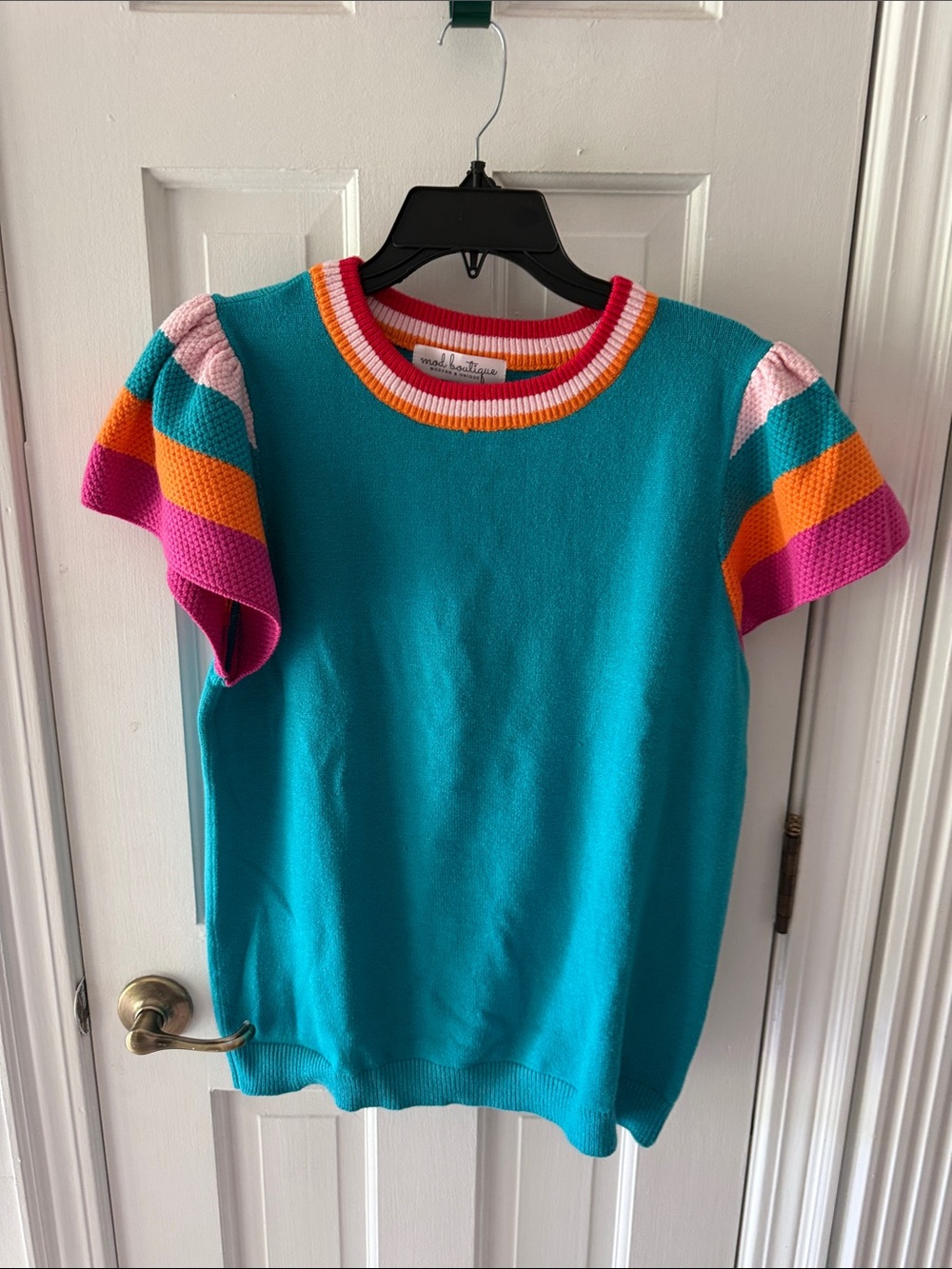 Teal Futter Sleeve Sweater with Colorblock Pink & Orange Sleeves